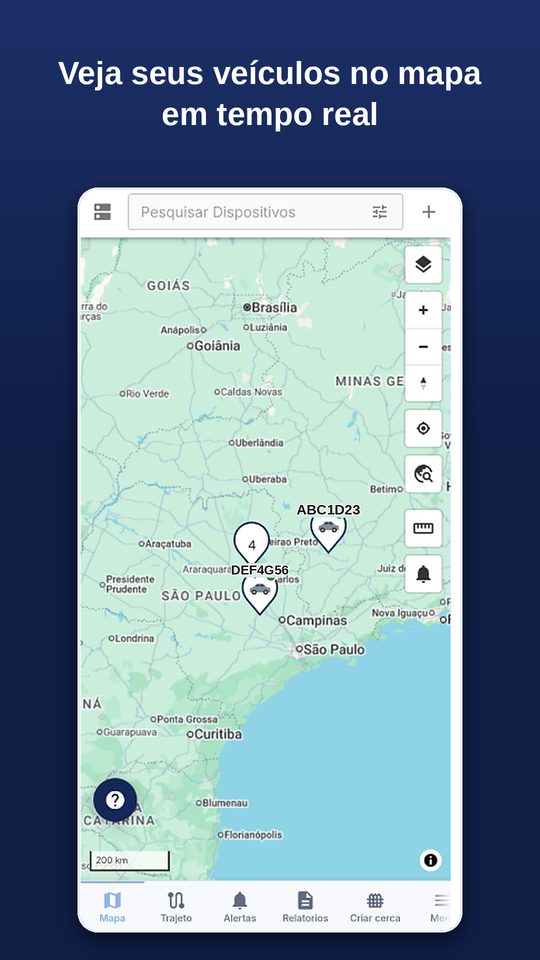 Tela do aplicativo mostrando veículos no mapa
